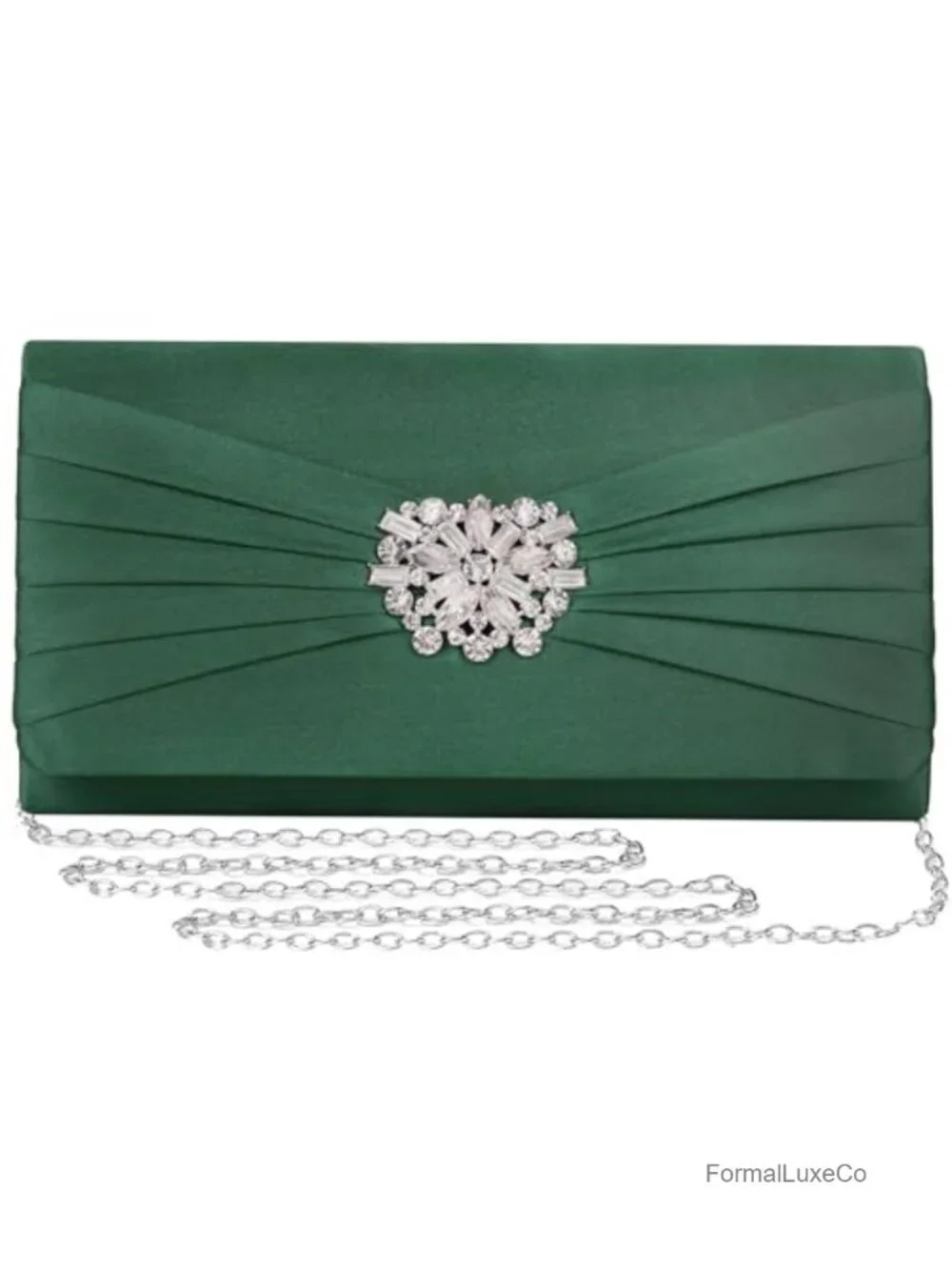 Pleated Satin Rhinestone Brooch Prom Clutch Purse with Detachable Chain Strap